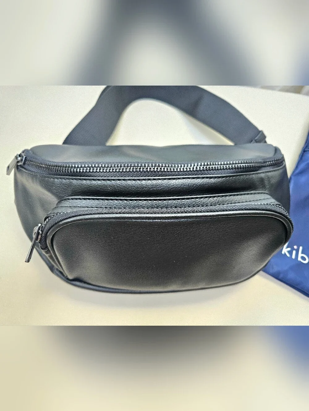 Kibou Vegan Leather Diaper Bag Black Changing Pad Wipes Pocket Belt Bag